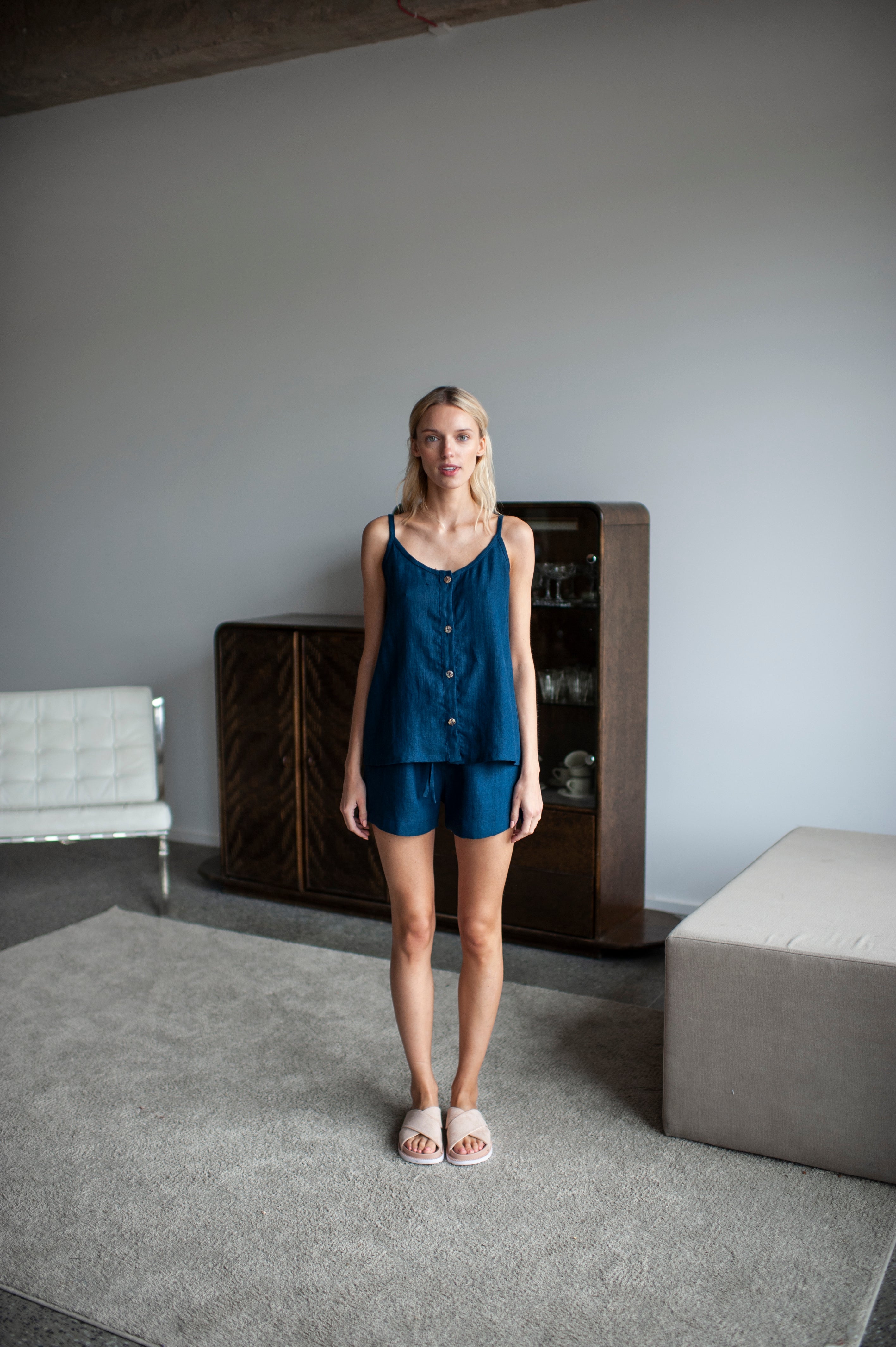 Steel Blue Linen Shorts and Cami Top Set
