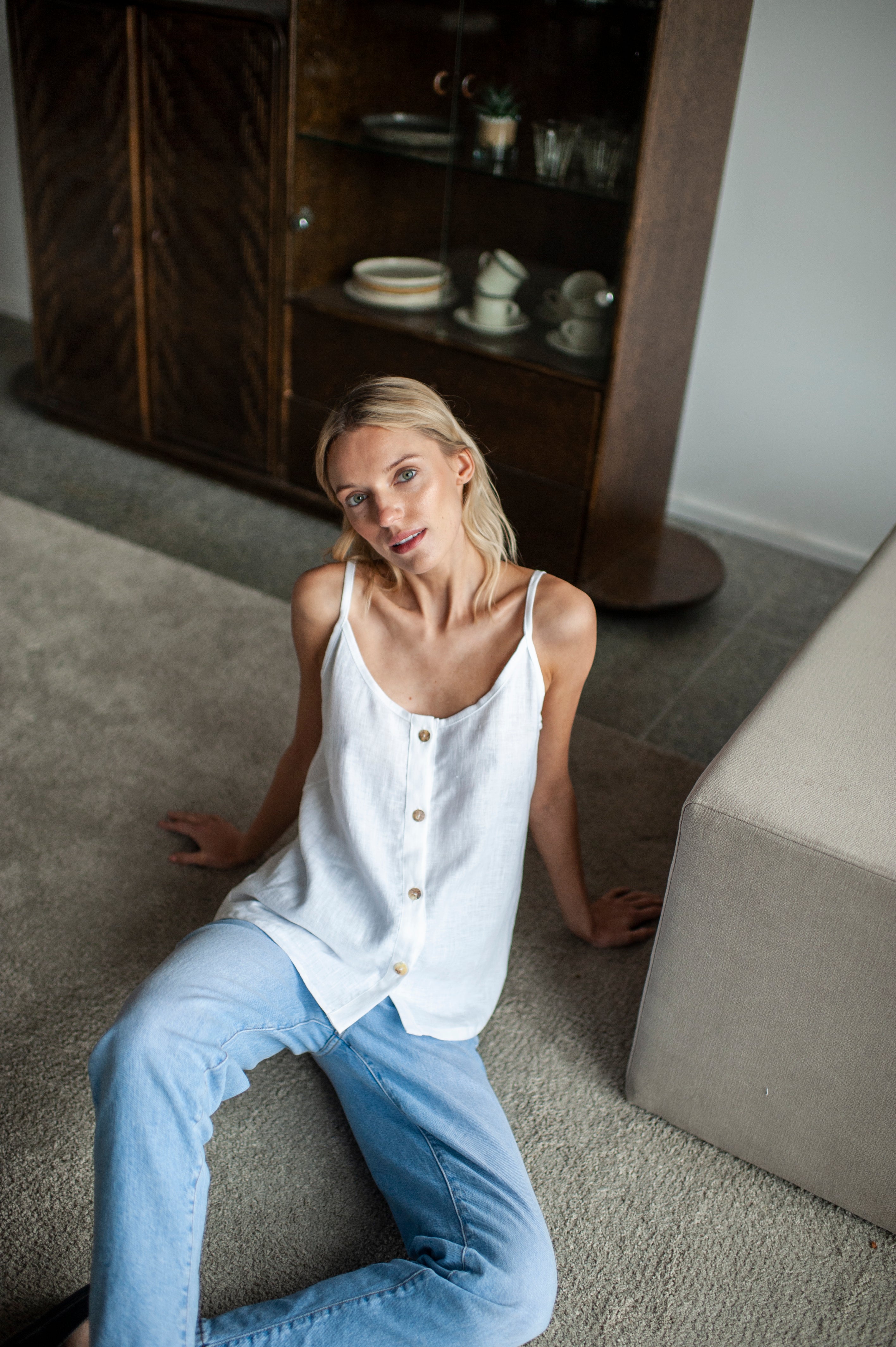 Blue Linen Slip Top With Straps