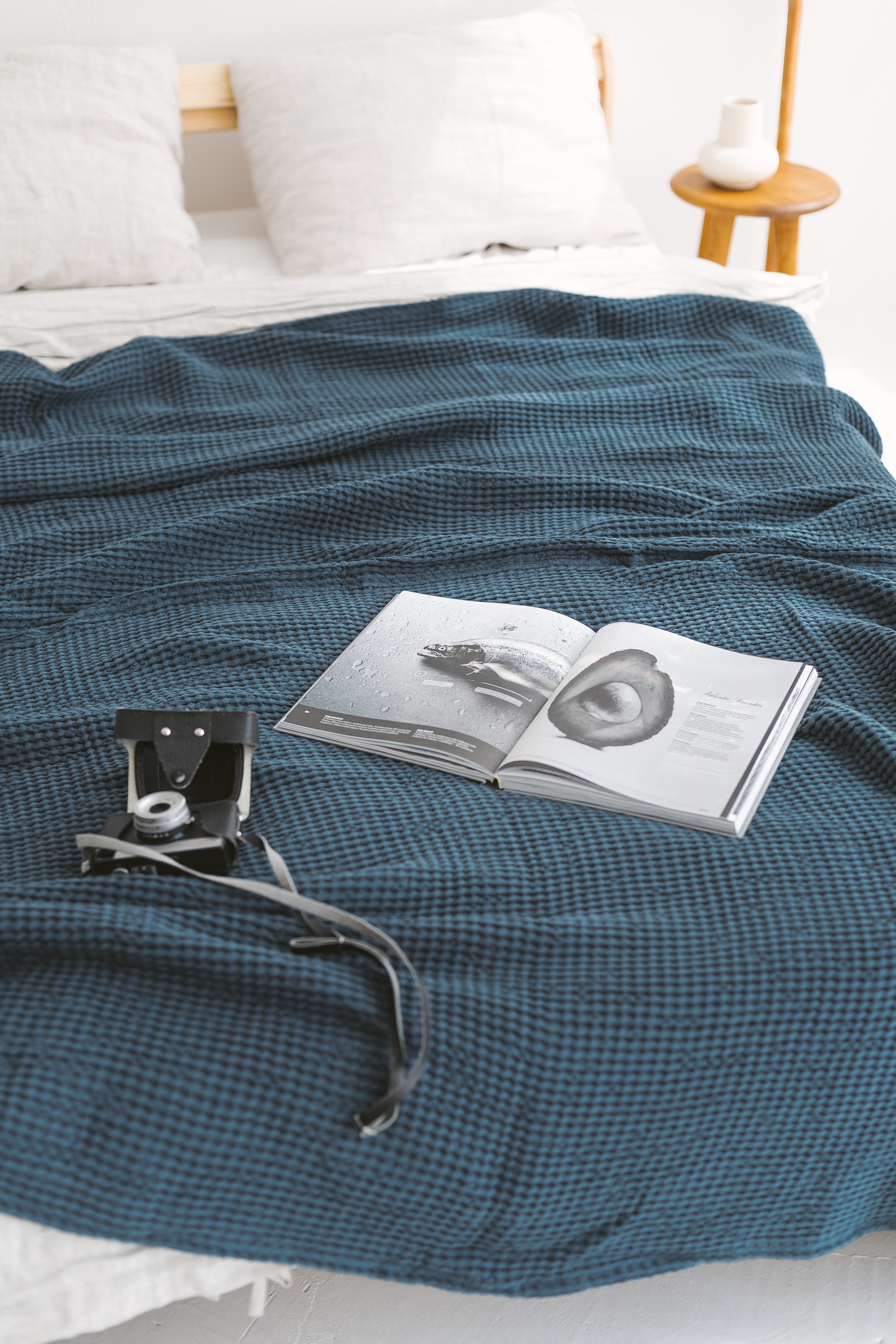 Dark Teal Waffle Linen Cotton Bedspread
