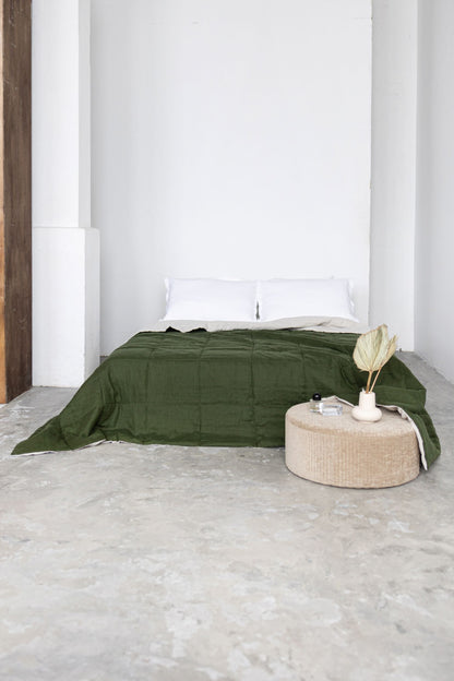 Dark green quilted linen bedspread