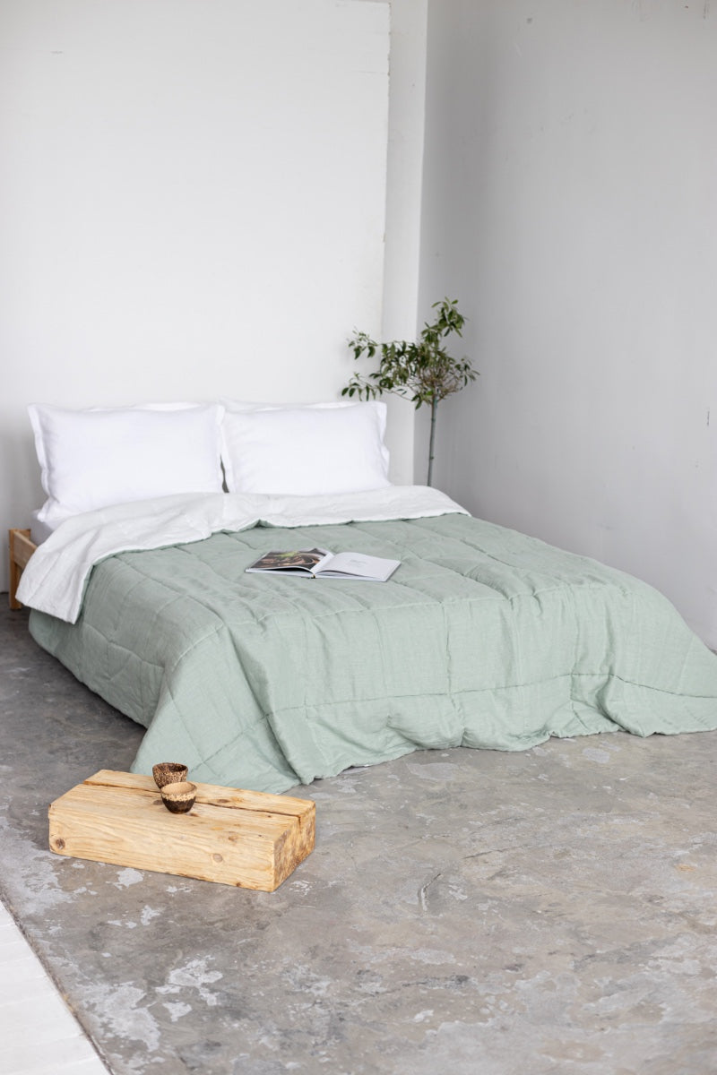 Sage quilted linen bedspread