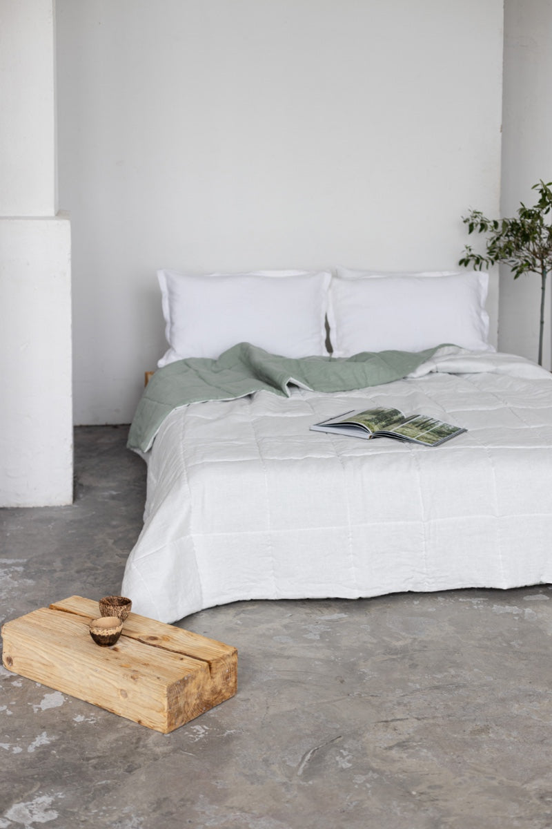Sage quilted linen bedspread
