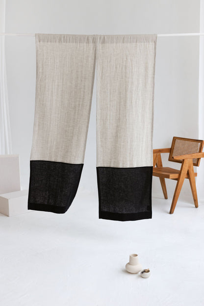 Color Block Natural Light Black Linen Japanese Noren Curtain