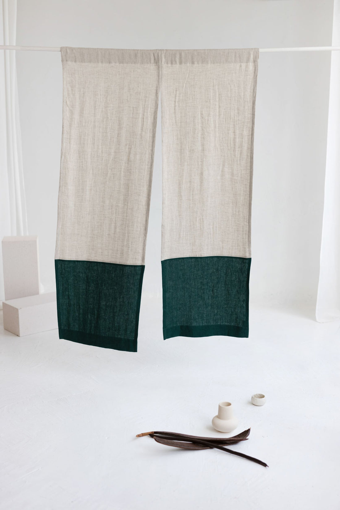 Color Block Natural Light Emerald Linen Japanese Noren Curtain
