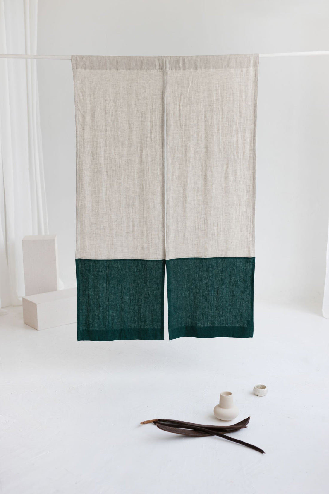 Color Block Natural Light Emerald Linen Japanese Noren Curtain