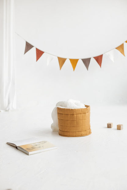 Green Linen Quilted Storage Basket