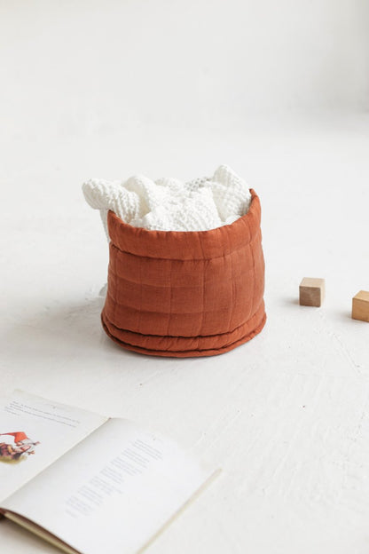 Green Linen Quilted Storage Basket