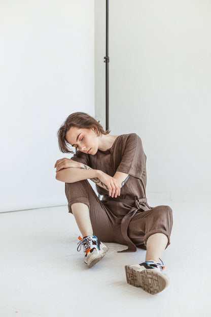 Walnut Brown Linen Jumpsuit