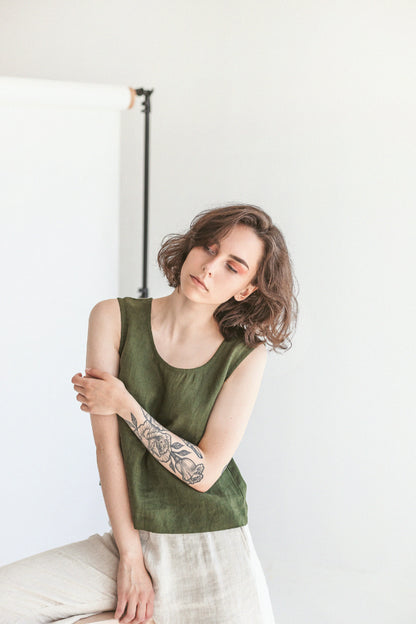 Dark Green Linen Crop Top