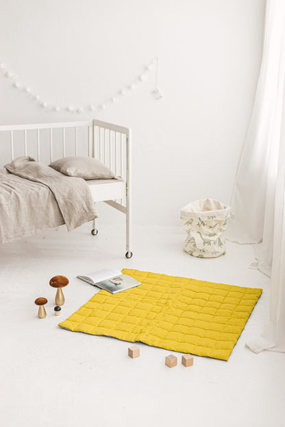 Chartreuse Yellow Striped Black Linen Baby Padded Play Mat