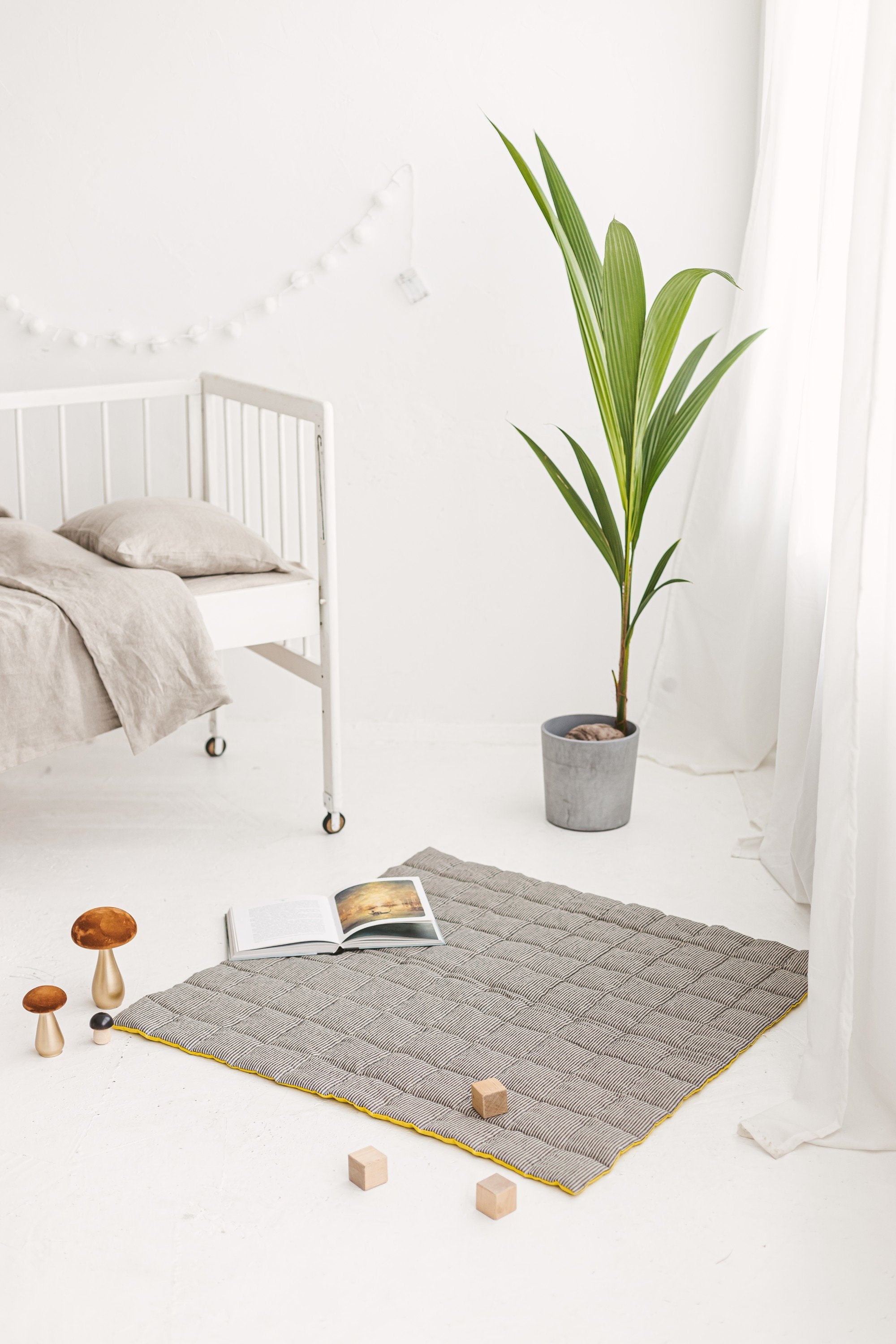 Chartreuse Yellow Striped Black Linen Baby Padded Play Mat