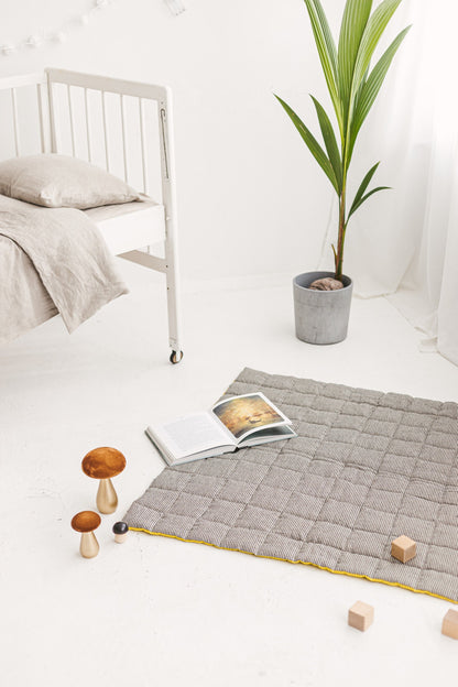 Chartreuse Yellow Striped Black Linen Baby Padded Play Mat