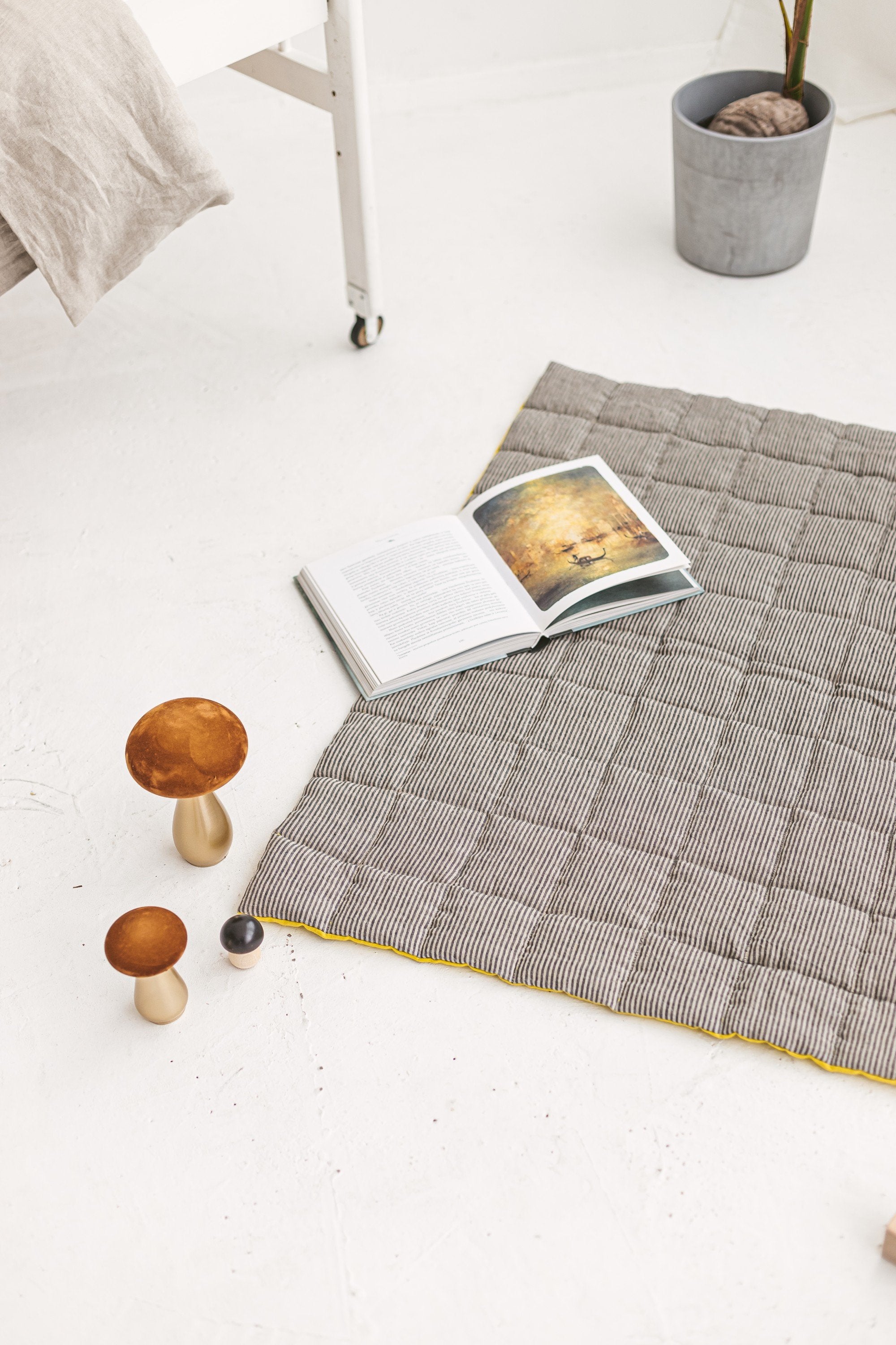 Chartreuse Yellow Striped Black Linen Baby Padded Play Mat