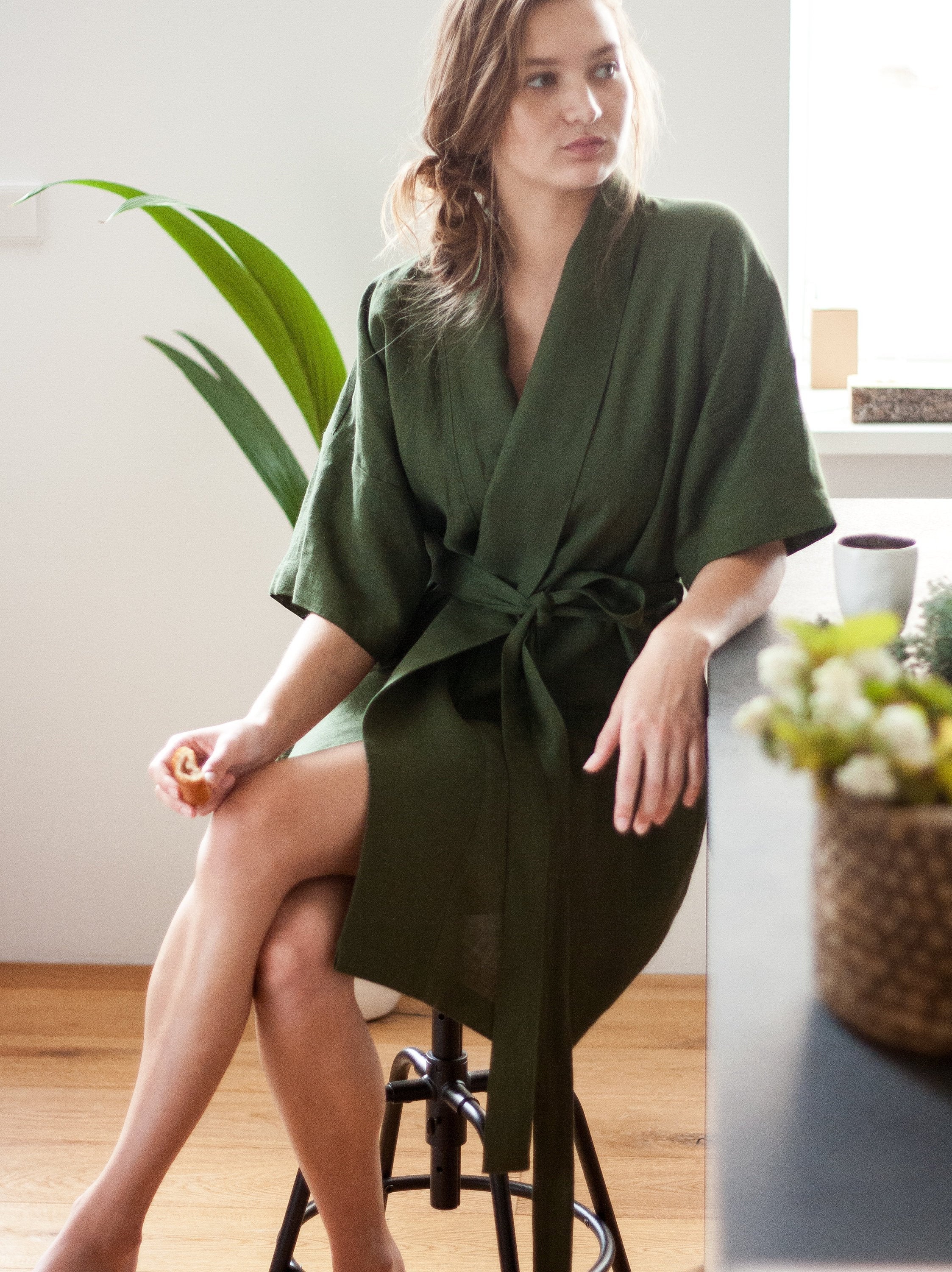 Dark Green Linen Robe
