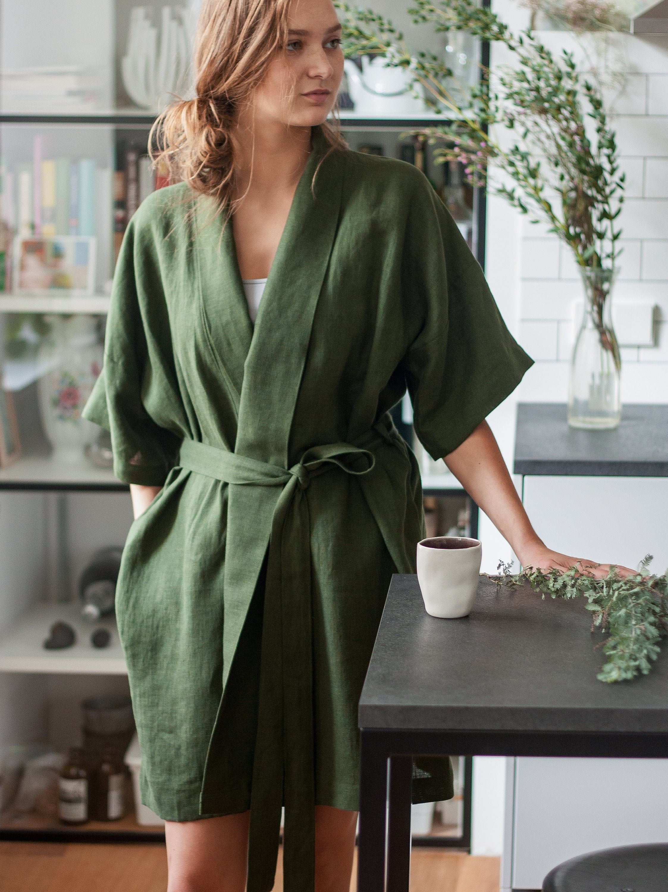 Dark Green Linen Robe Gift Set