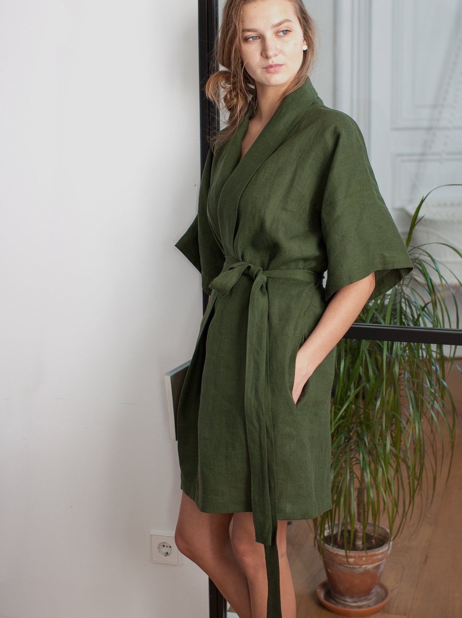Dark Green Linen Robe
