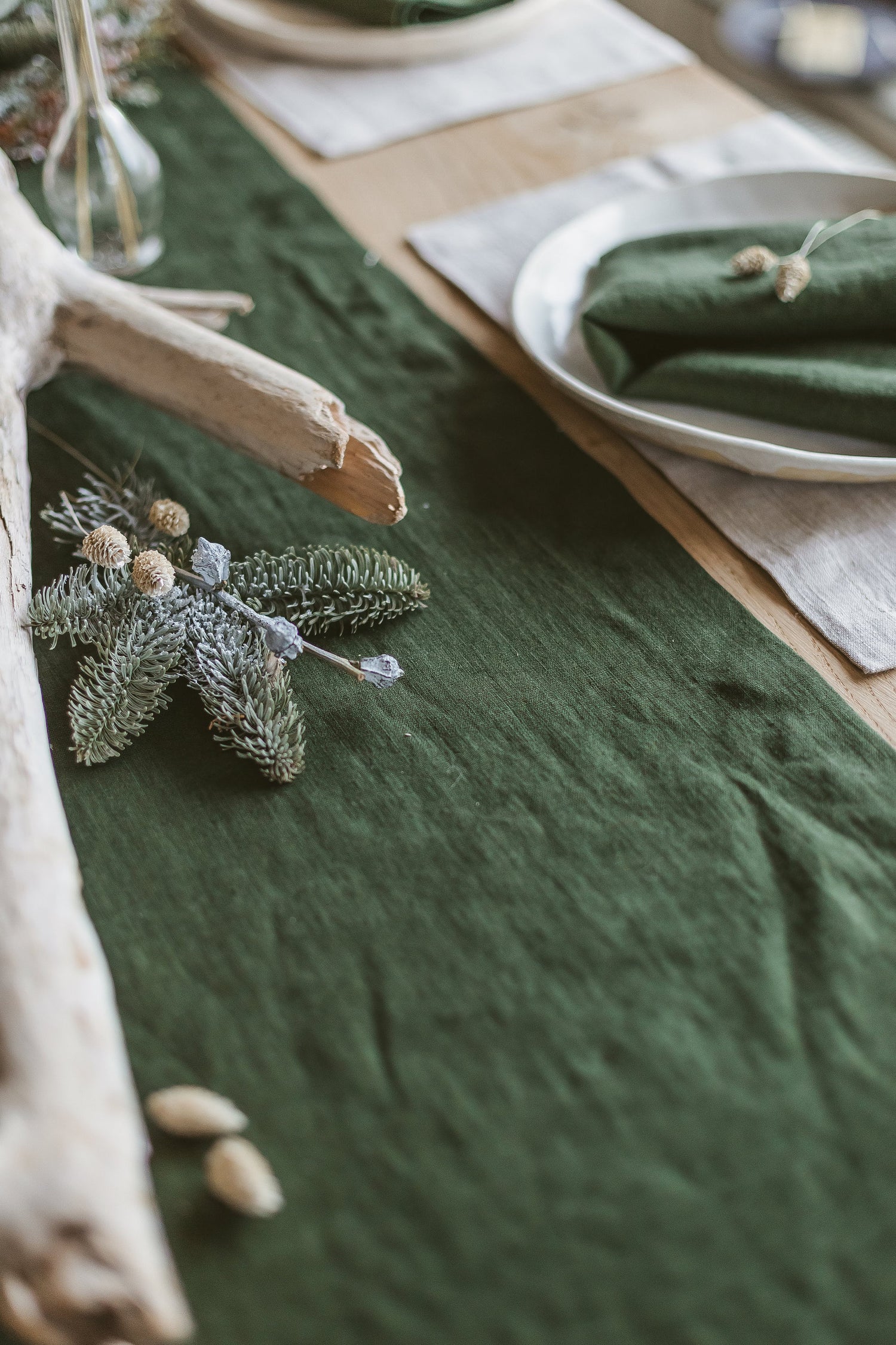 Dark Green Linen Table Runner
