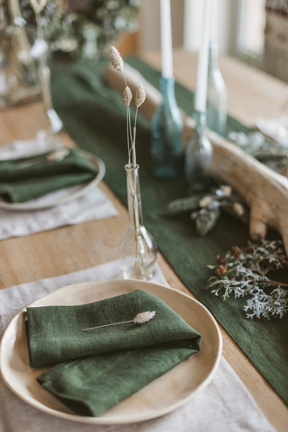 Dark Green Linen Table Runner