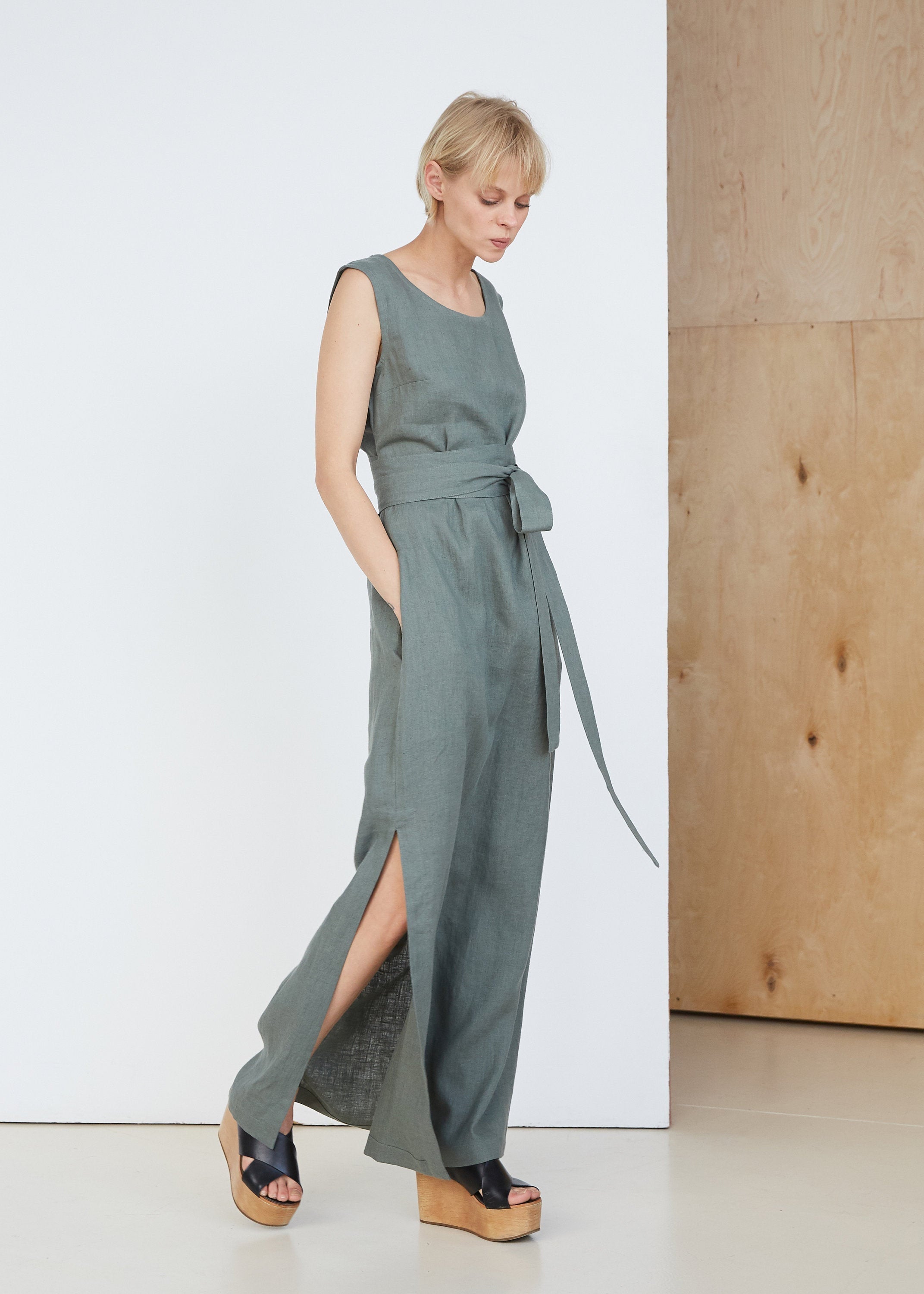 Safari Green Long Linen Dress
