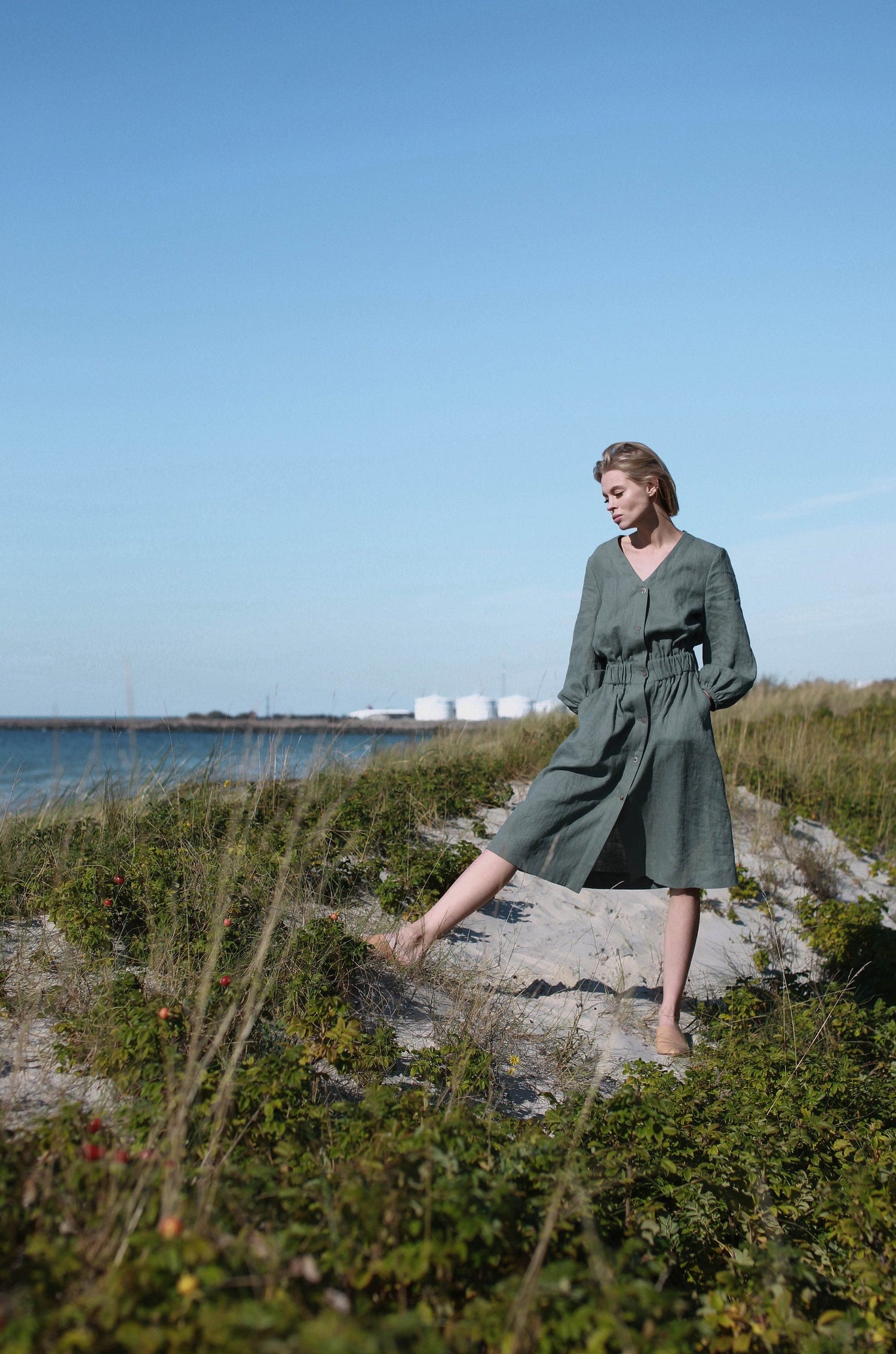 Cloud Gray Linen Dress With Buttons