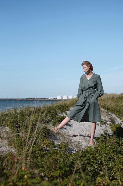 Cloud Gray Linen Dress With Buttons