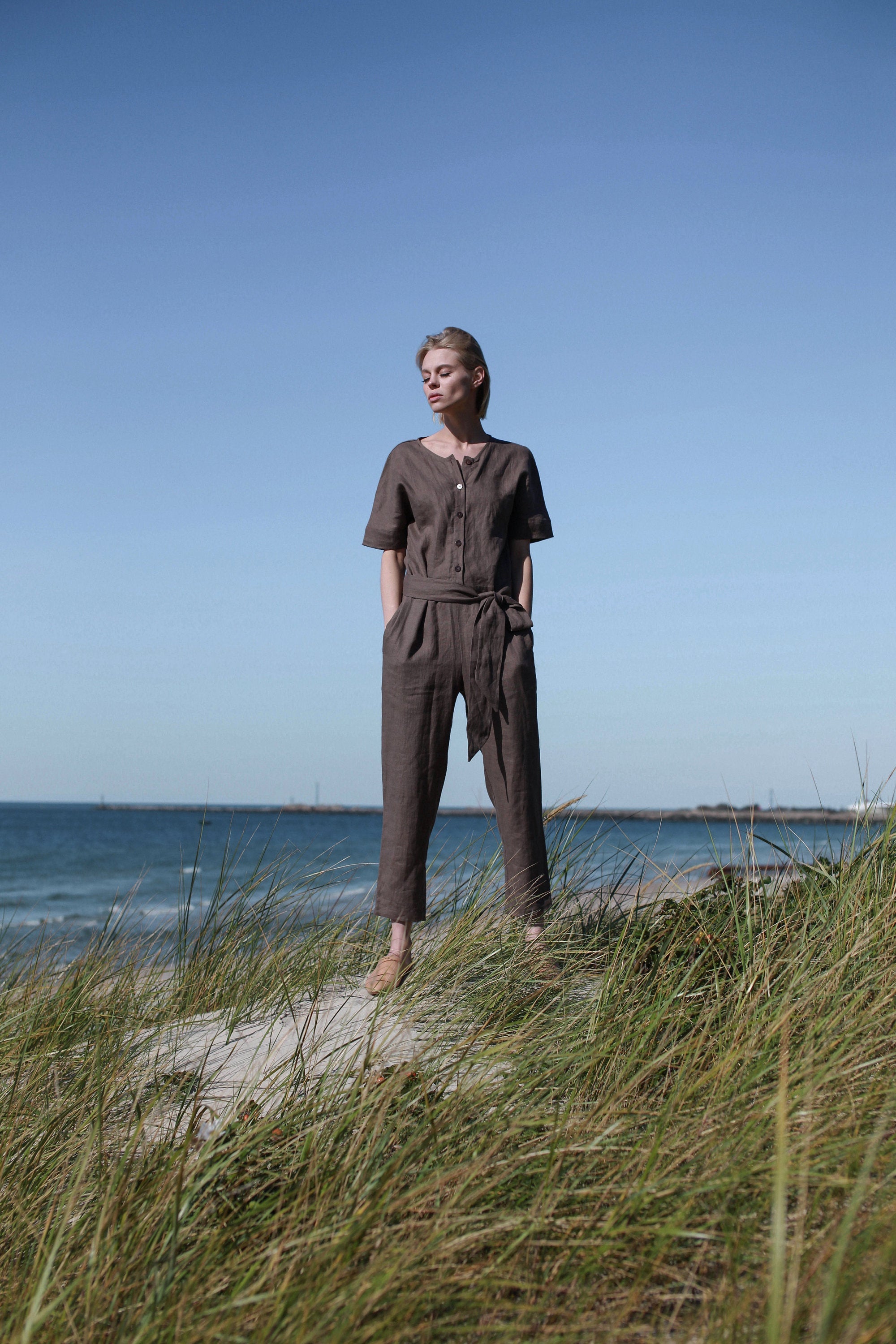 Walnut Brown Linen Jumpsuit