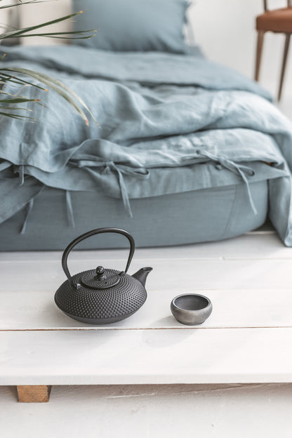 Set Of Dusty Aqua Linen Duvet Cover And 2 Pillow Cases