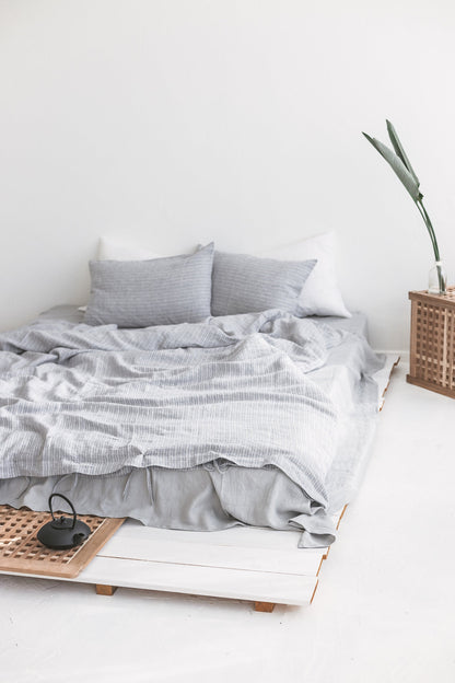 Set Of Striped Gray Linen Duvet Cover And 2 Pillow Cases