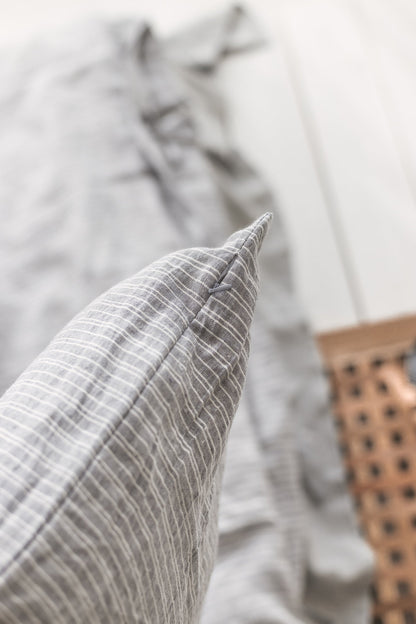 Set Of Striped Gray Linen Duvet Cover And 2 Pillow Cases