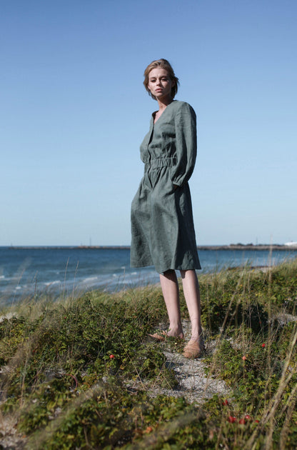 Cloud Gray Linen Dress With Buttons
