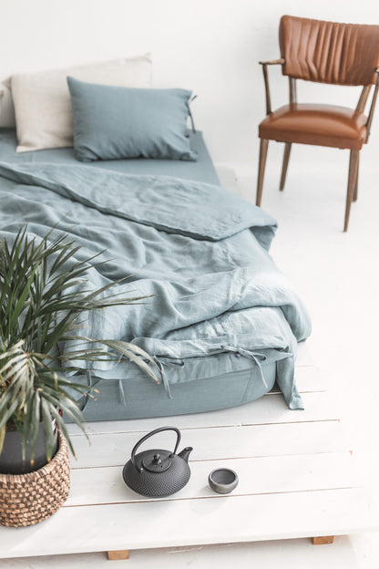 Set Of Dusty Aqua Linen Duvet Cover And 2 Pillow Cases