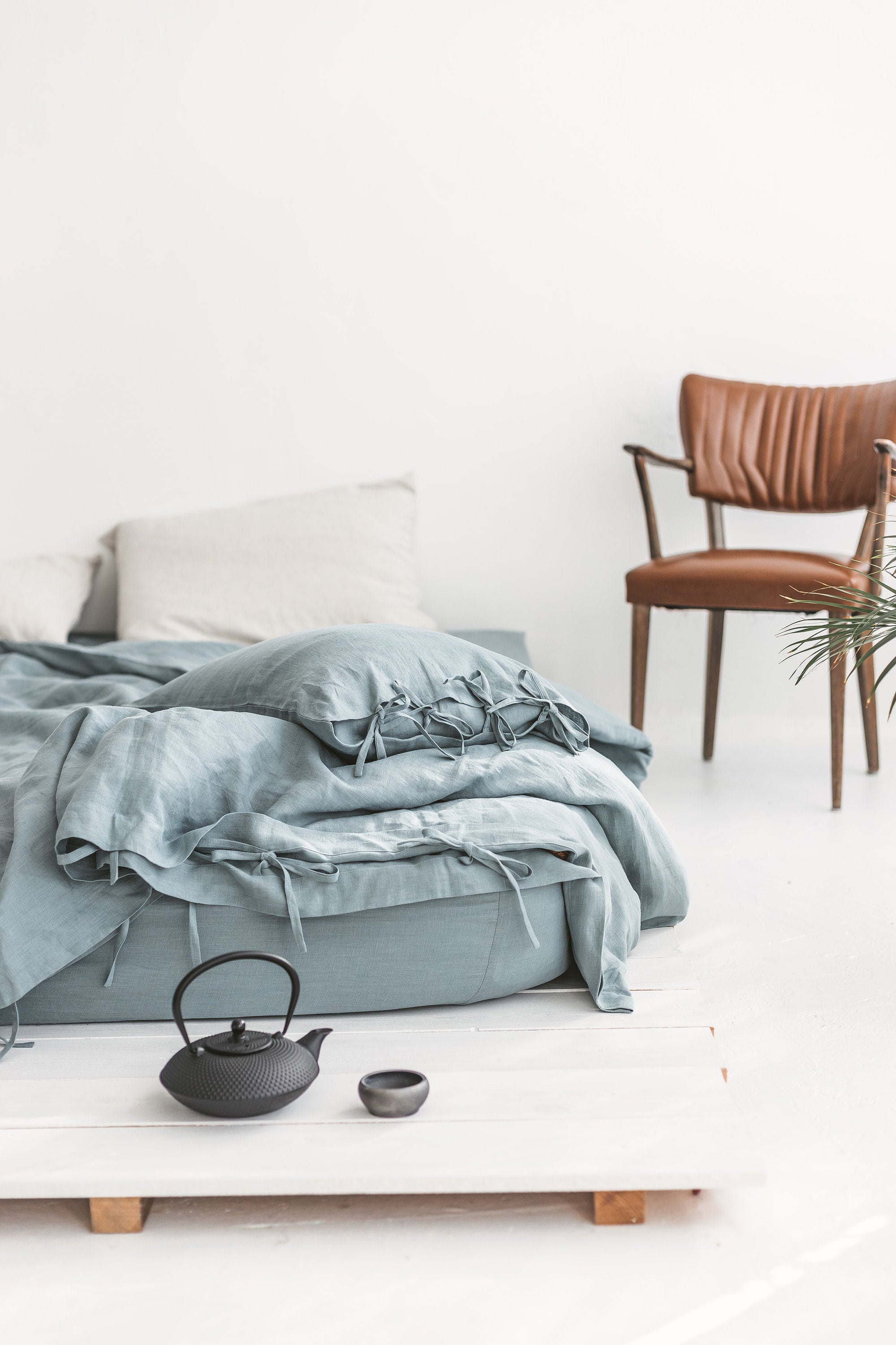 Set Of Dusty Aqua Linen Duvet Cover And 2 Pillow Cases