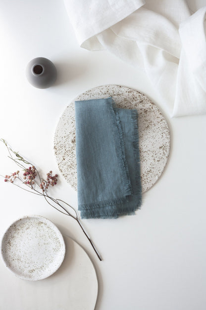 Dusty Aqua Linen Fringed Napkins Set Of 2