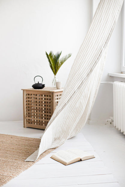 86.6&quot;/220 Cm Width Natural Striped Linen Curtain