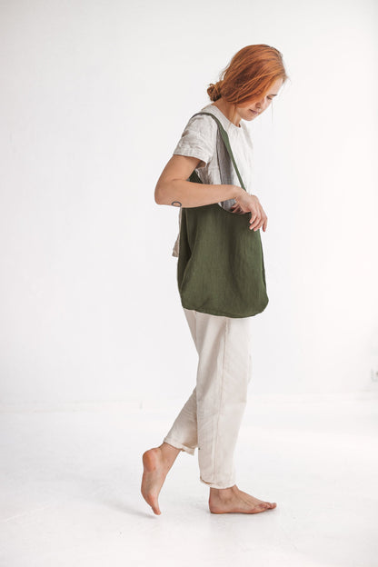 Dark Green Reversible Linen Tote Bag