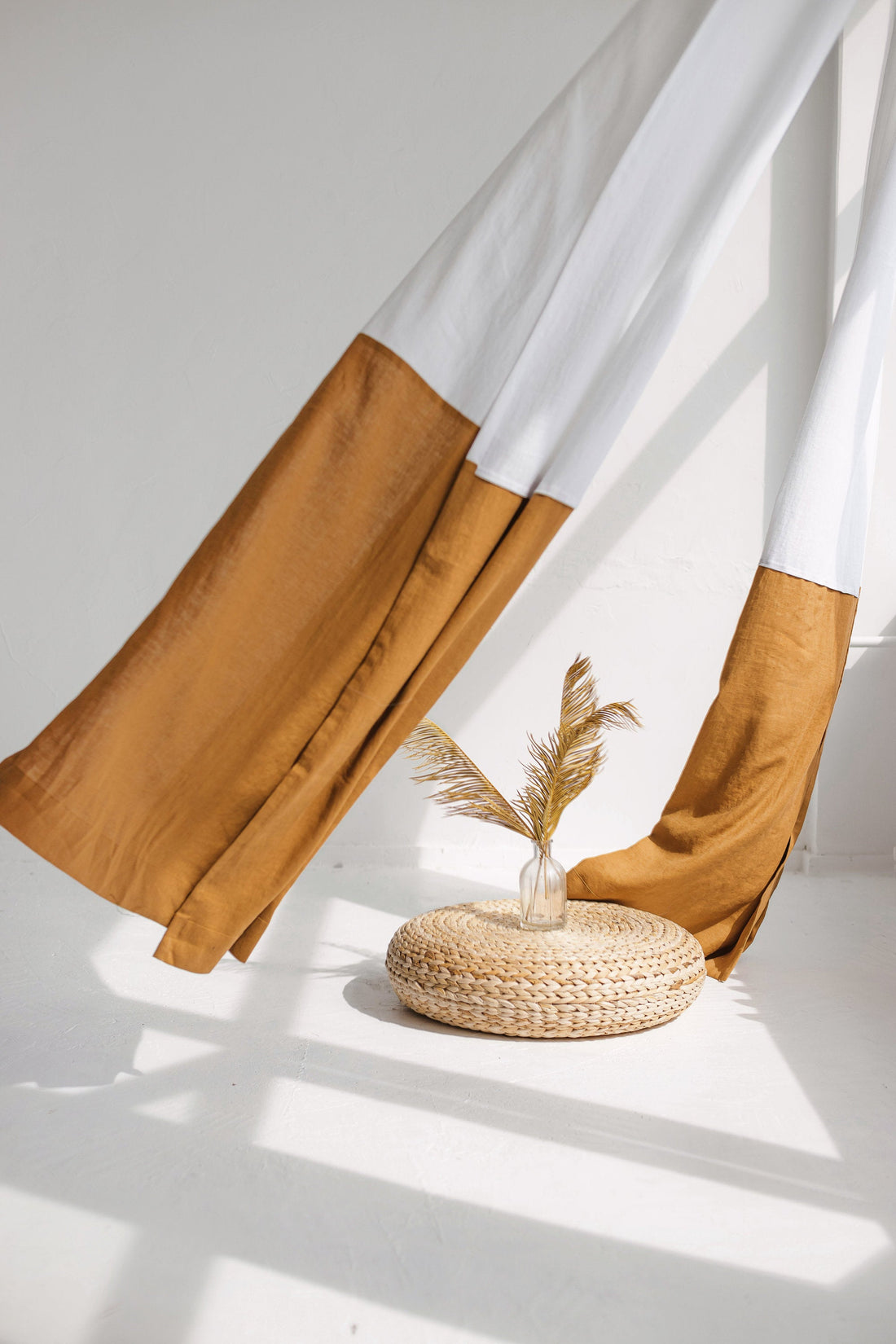 White And Amber Color Block Linen Curtain