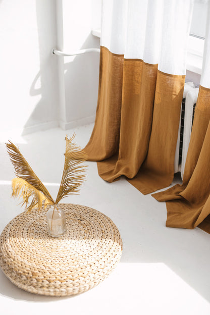 White And Amber Color Block Linen Curtain