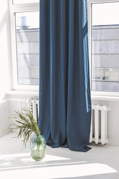 55&quot;/140 Cm Width Harbour Blue Linen Curtain With Grommets And Blackout Lining