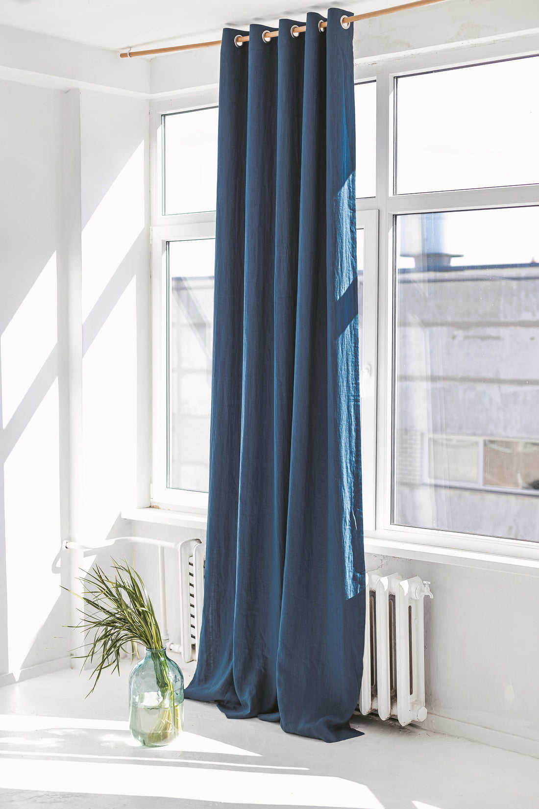 55&quot;/140 Cm Width Harbour Blue Linen Curtain With Grommets And Blackout Lining