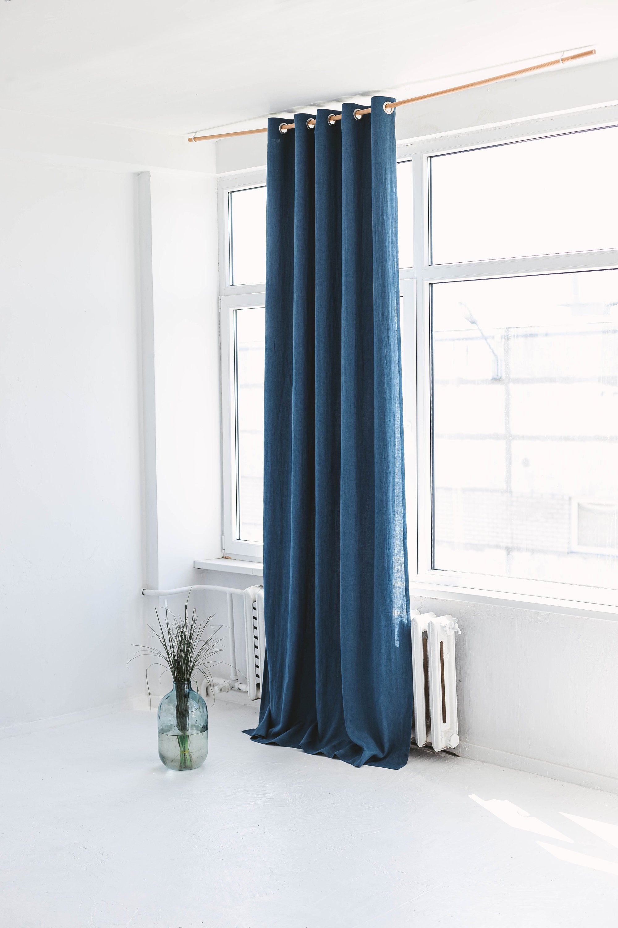 55&quot;/140 Cm Width Harbour Blue Linen Curtain With Grommets And Blackout Lining