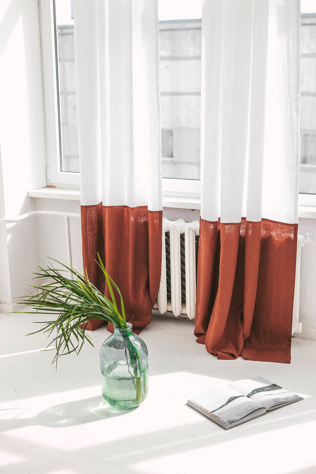 White And Rusty Color Block Linen Curtain