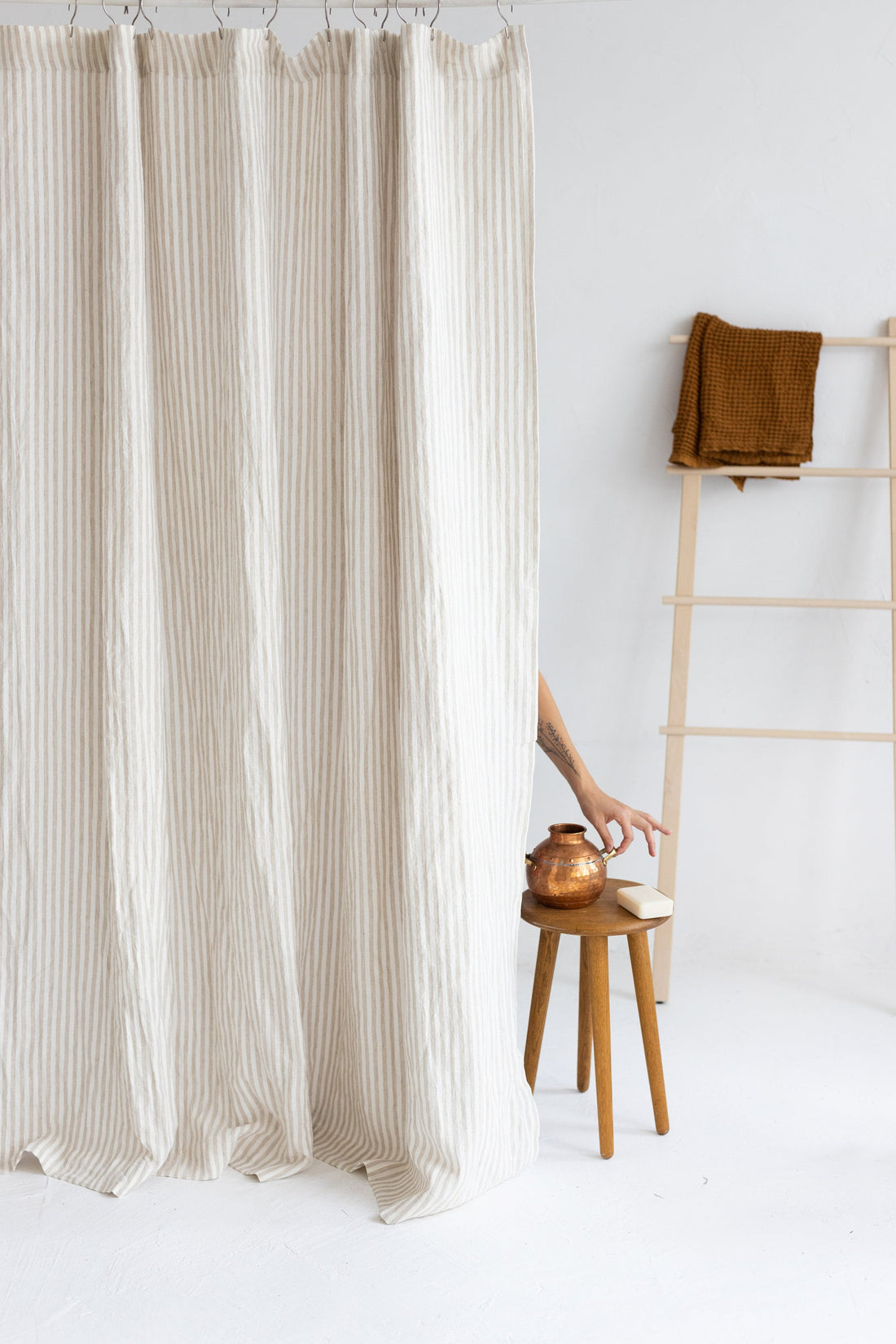 Waterproof Natural Striped Linen Shower Curtain 78"/200CM WIDTH