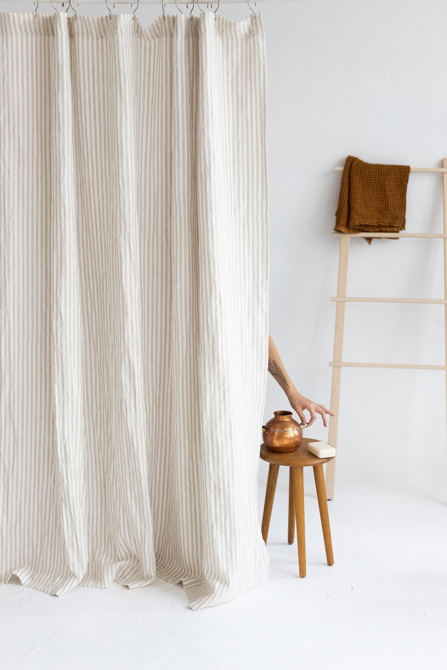 Waterproof Natural Striped Linen Shower Curtain 78&quot;/200CM WIDTH