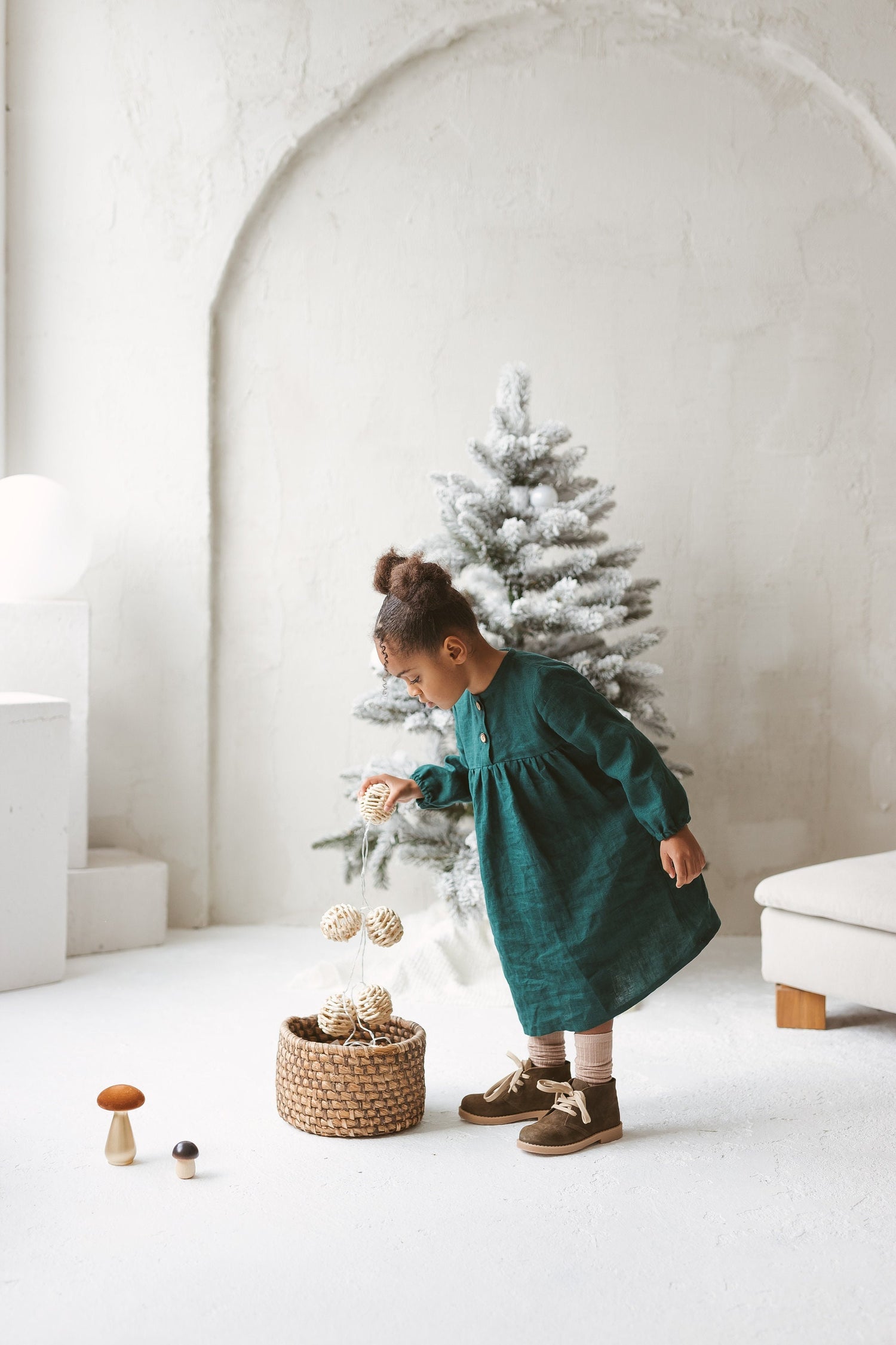 Emerald Linen Girls Dress