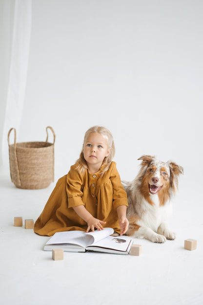 Girls Linen Dress With Buttons