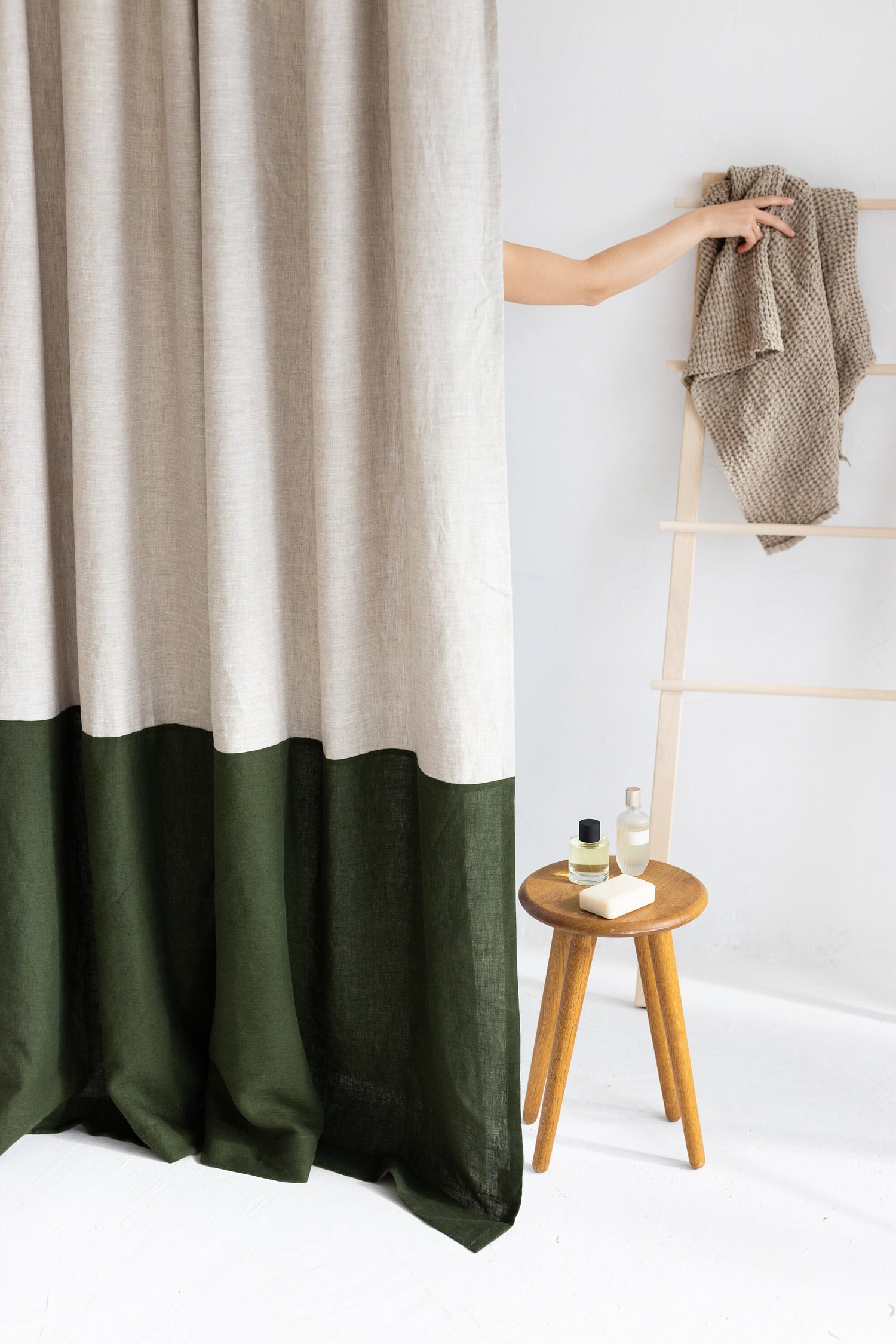Waterproof Natural Light and Dark green Linen Shower Curtain