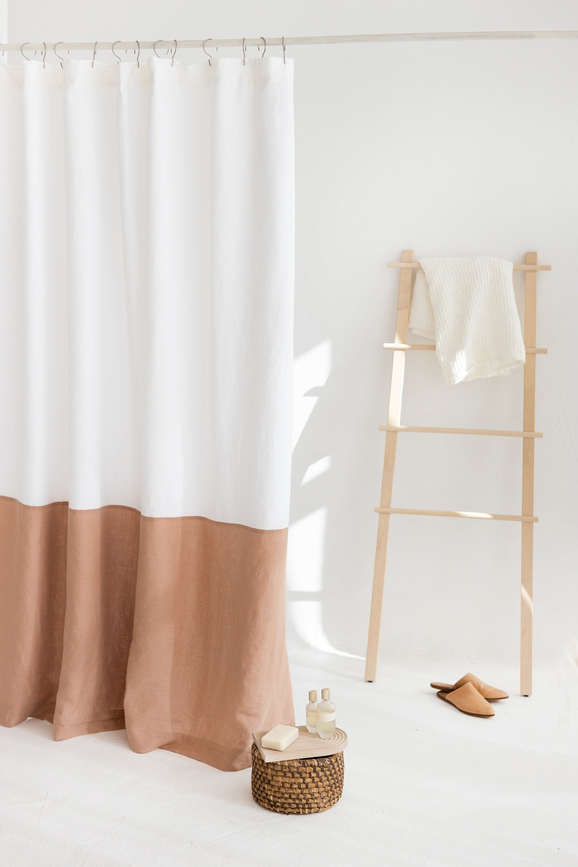 Waterproof White and Peach Linen Shower Curtain