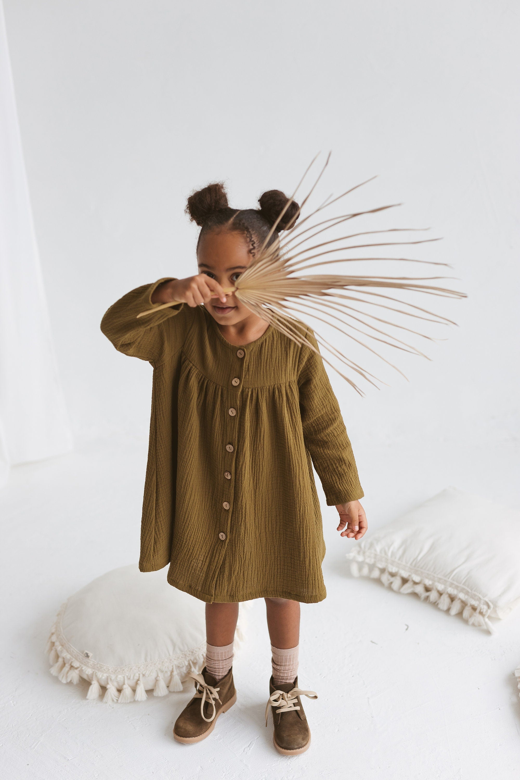Olive Green Muslin Girls Dress