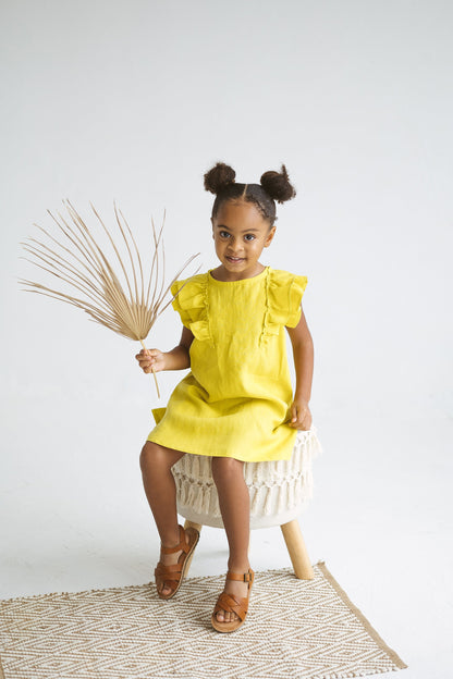Chartreuse Yellow Linen Girls Dress
