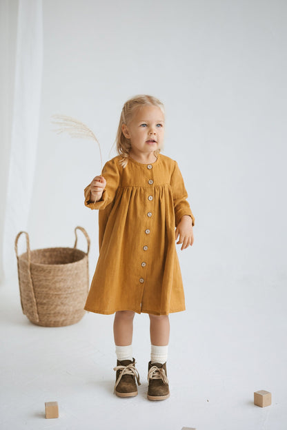 Girls Linen Dress With Buttons